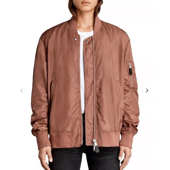 All Saints Myra Bomber Flight Jacket Rust Brown Red Ruched Nylon Sz XS - Picture 1 of 15